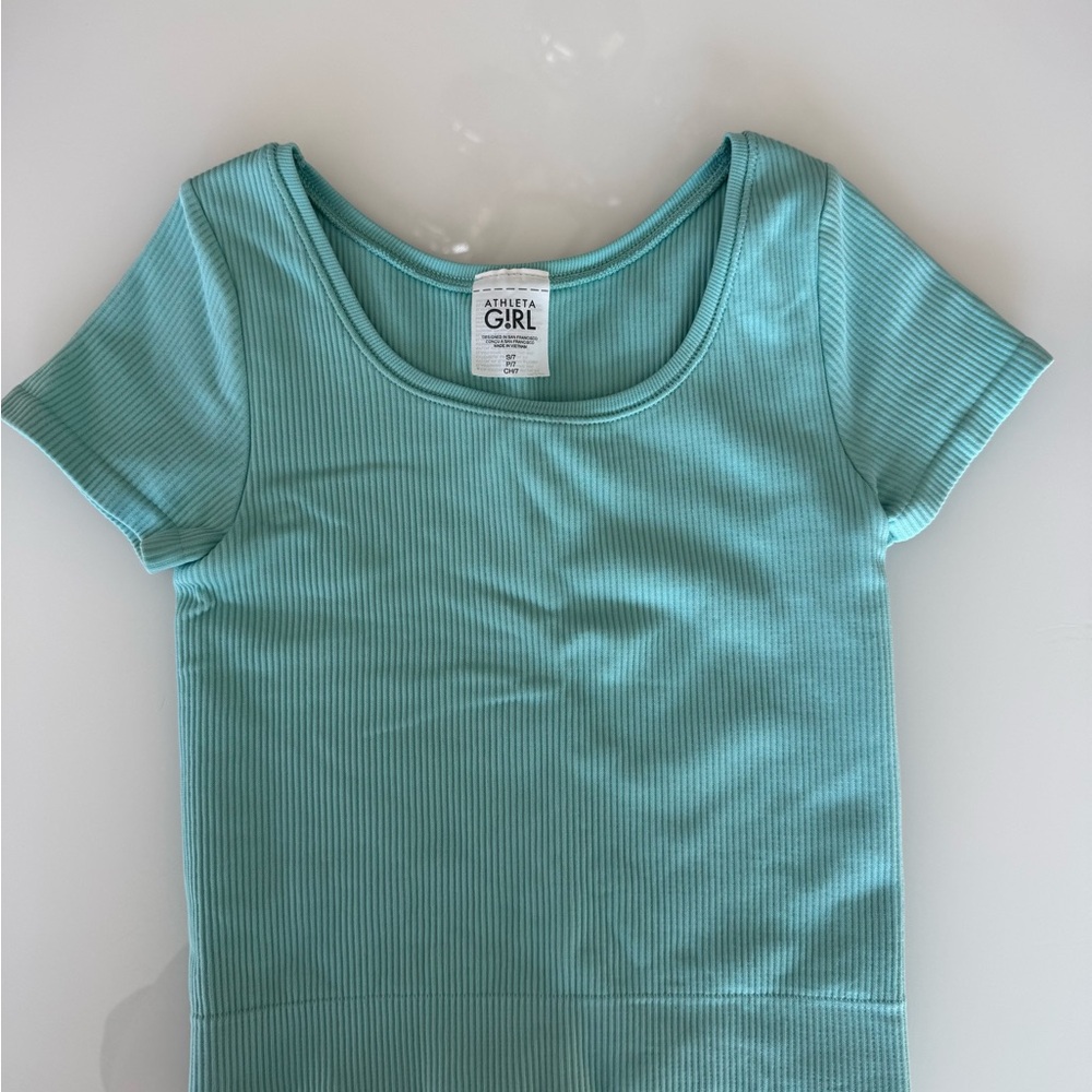 Athleta Girl Aqua Ribbed Short Sleeve Top - NWOT size 7 (child)